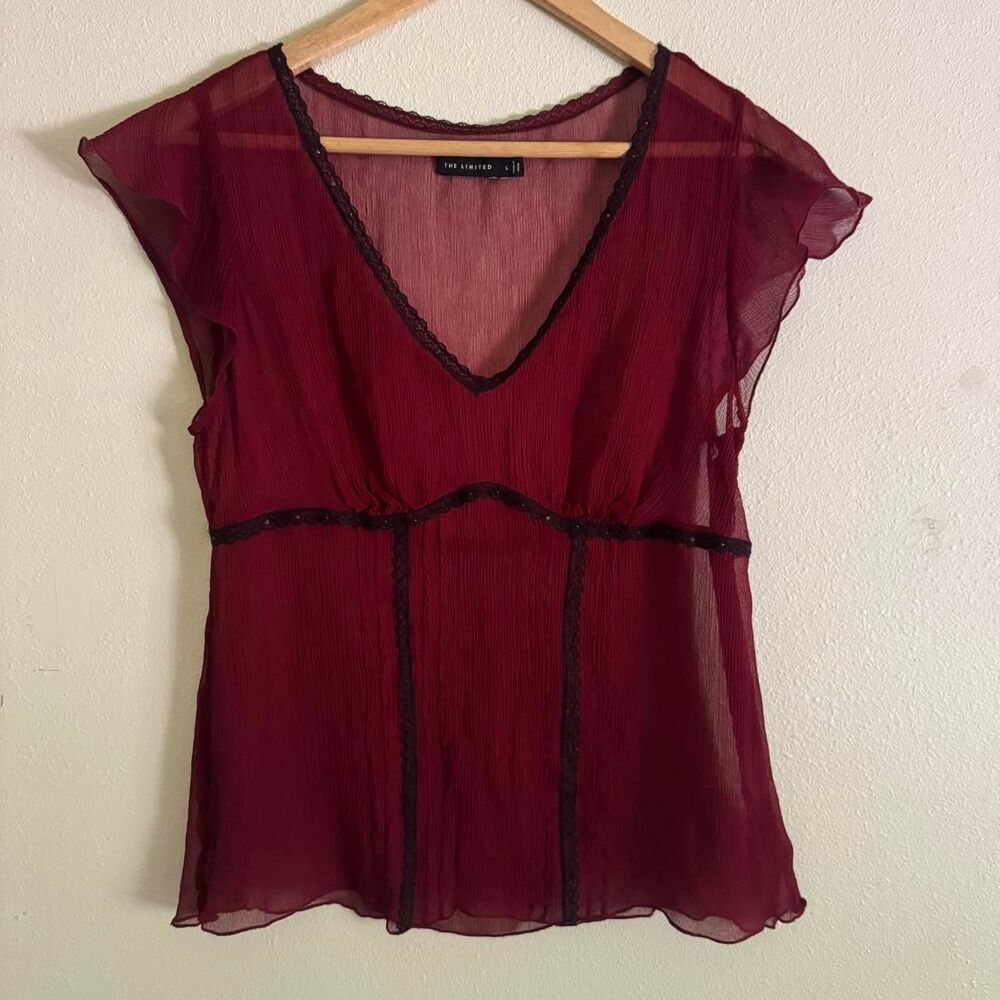 Limited y2k whimsygoth burgundy red sheer blouse with black sparkle lace trim